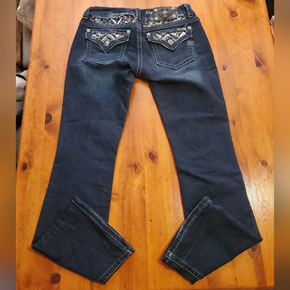 Miss Me Jeans Women’s 28 Blue Denim Signature Boot Embellished Sequins Dark Jean
